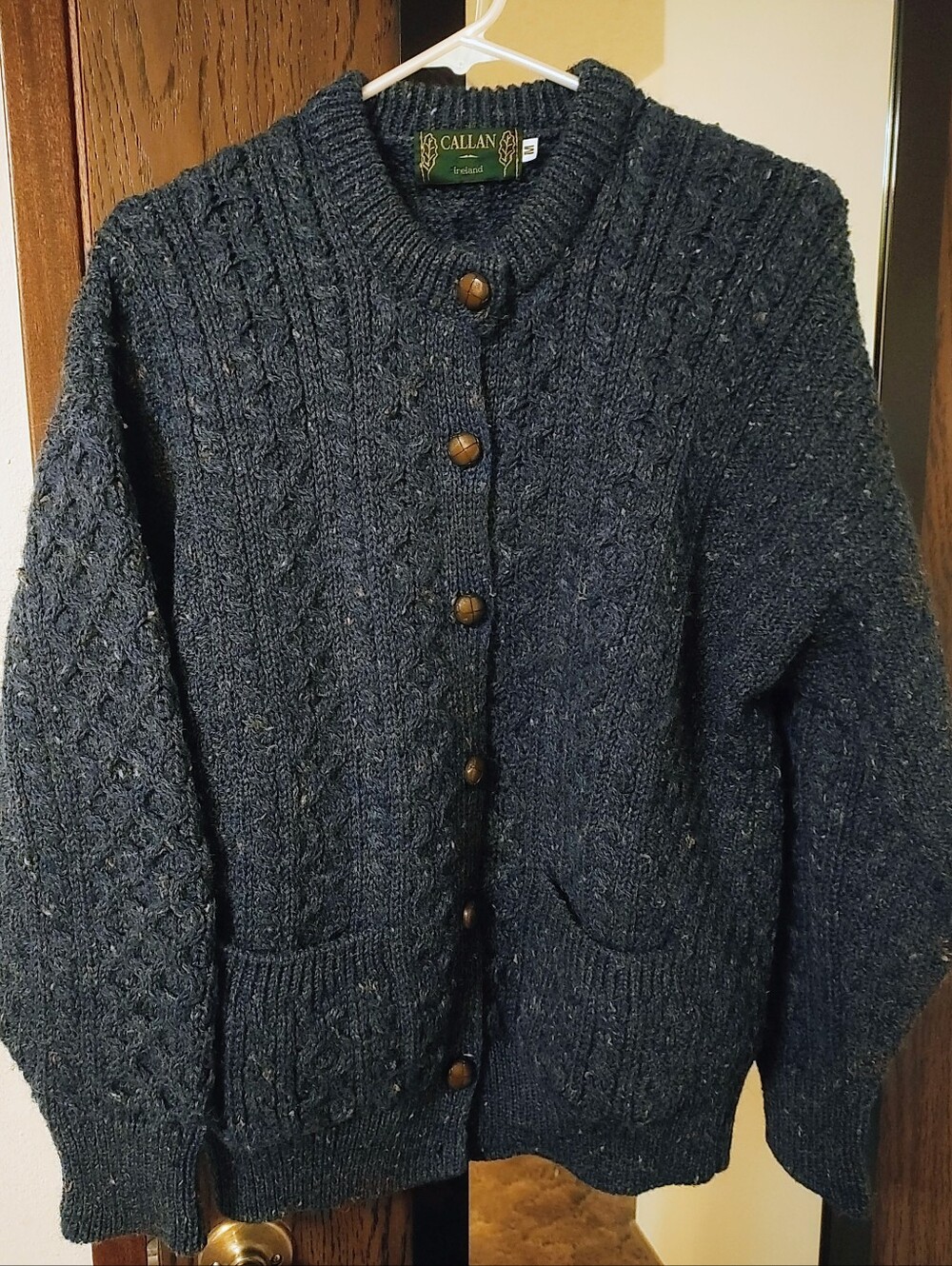 Vintage Callan 100% Wool Navy/Orange Cable Knit Button-Down Sweater